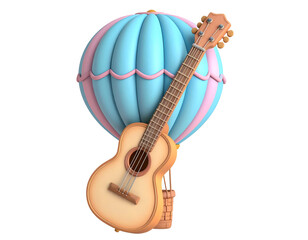 Cartoon Ukulele Leaning on a Pastel Blue and Pink Hot Air Balloon 3D Render Illustration