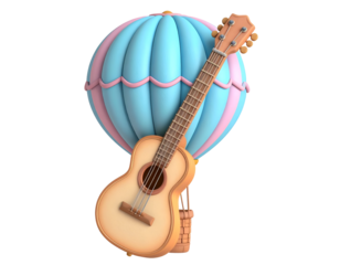 Cartoon Ukulele Leaning on a Pastel Blue and Pink Hot Air Balloon 3D Render Illustration