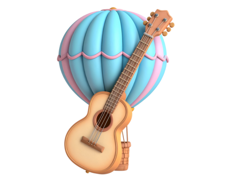 Cartoon Ukulele Leaning on a Pastel Blue and Pink Hot Air Balloon 3D Render Illustration