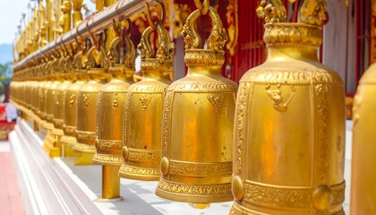 Fototapeta premium A row of ornate golden bells hangs from a temple wall, gleaming in the sunlight.