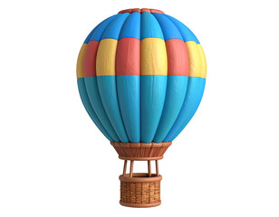 Vibrant hot air balloon with blue, yellow, and red panels and a woven wicker basket, rendered in 3D, isolated on a black background, perfect for themes of travel, adventure, and celebration.