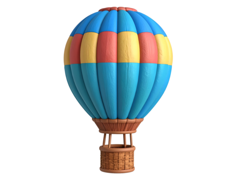 Vibrant hot air balloon with blue, yellow, and red panels and a woven wicker basket, rendered in 3D, isolated on a black background, perfect for themes of travel, adventure, and celebration.