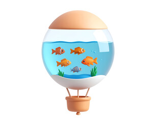 3D Cartoon Hot Air Balloon with Spherical Fish Tank, Swimming Fish, and Aquatic Plants on Black Background