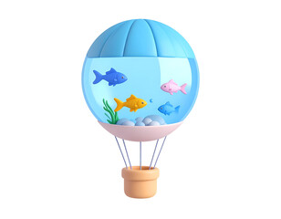 Whimsical 3D Hot Air Balloon with Aquarium Fish Tank and Colorful Cartoon Fish
