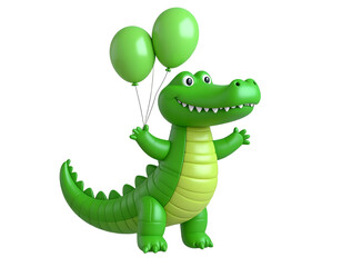 Cute Green Cartoon Crocodile Character Holding Balloons, 3D Render Illustration