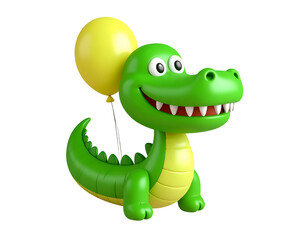 Cute smiling green cartoon alligator holding a yellow balloon. 3D render illustration.