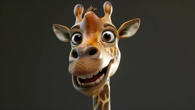 A close-up view of a giraffe's face on a black background
