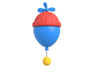 Obraz premium 3D cartoon blue balloon with red propeller beanie hat and yellow weight on black background
