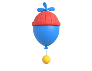 3D cartoon blue balloon with red propeller beanie hat and yellow weight on black background