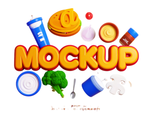 3D rendered 'MOCKUP' text surrounded by stylized cartoon food items and culinary ingredients on a black background