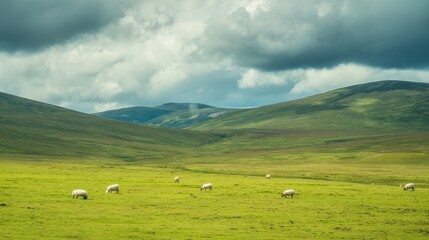 Rolling Scottish Highlands with green grass, scattered sheep, and dramatic cloudy sky, high-resolution rural landscape nature photo.