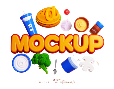 3D rendered 'MOCKUP' text surrounded by stylized cartoon food items and culinary ingredients on a black background
