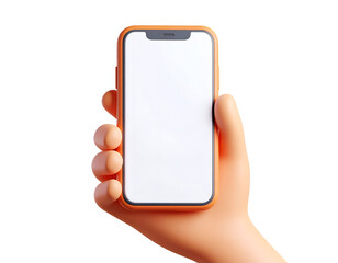 3D Rendered Hand Holding Modern Smartphone with Blank White Screen and Orange Case