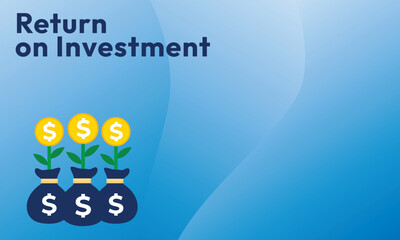 Return on investment ROI concept. business growth arrows to success. dollar plant coins, graph and money bag. chart increase profit. Finance stretching rising up. banner flat style vector illustration