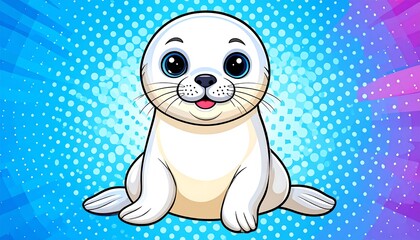 A charming cartoon seal pup, with big eyes and a happy expression, sits against a vibrant comic-book style background of blue, purple, and white.