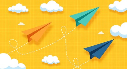 Colorful paper airplanes flying through the sky with clouds