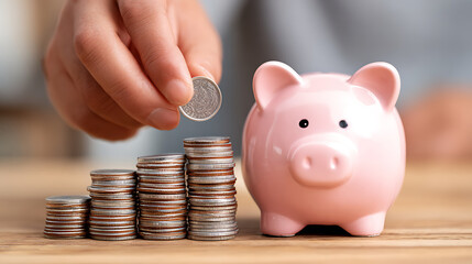 Saving Coins in a Pink Piggy Bank on a Wooden Table Shows the Importance of Financial Planning for the Future