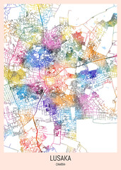 Lusaka Zambia City Map. city background, abstract city printable, city travel, city banner, modern city, city background, abstract watercolor, abstract paint, urban background