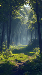 Peaceful forest pathway with sunlight streaming through trees high resolution picture