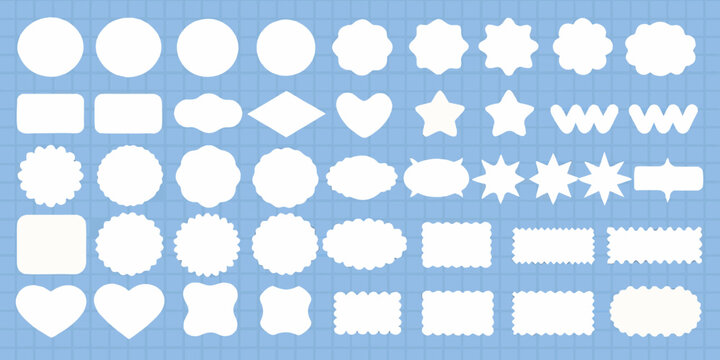 Collection of diverse white decorative shapes and labels on a blue grid background
