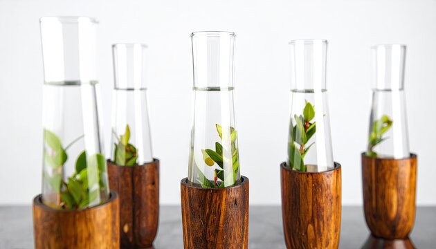 Glass Flasks with Plants in Wooden Stands