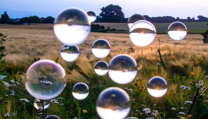 Glass Orb Cluster Floating Above Serene Field at Sunset