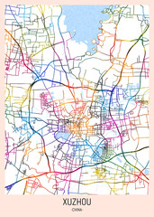 Naklejka premium Xuzhou China City Map. city background, abstract city printable, city travel, city banner, modern city, city background, abstract watercolor, abstract paint, urban background