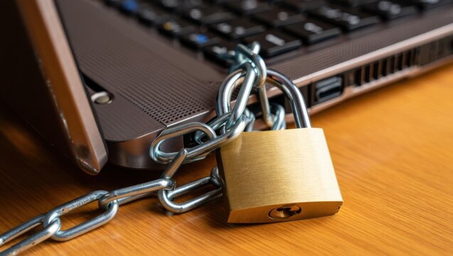 A Close-Up of a Laptop Secured with a Lock and Chain, Symbolizing Data Protection and Cybersecurity Measures for Digital Devices