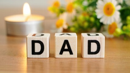 Celebrating Fatherhood: A Warm Tribute with Wooden Blocks Spelling 'DAD' Surrounded by Candlelight and Fresh Flowers