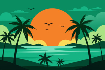 Tropical Sunset Beach Illustration