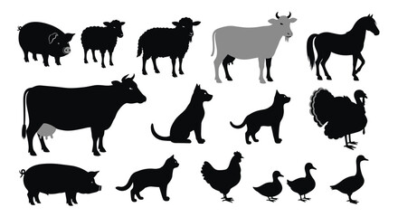 Fototapeta premium Collection of farm animals silhouettes for educational purposes and childrens books