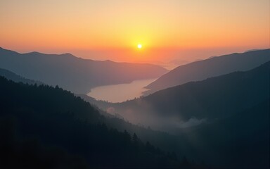 Fototapeta premium Aerial View of Sunset Over Rolling Hills and Foggy Valley. High quality