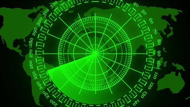 Radar screen animation on map background. Signal transmitted sonar radar .Radar point to detect enemy position.Technology world map radar screen animation. Radar Scanning loop.radar icon animation.4k