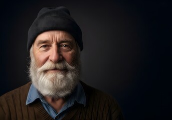 Portrait of elderly man with white beard wearing wool cap, symbolizing wisdom, dignity, aging gracefully, strength, and senior lifestyle for International Day of Older Persons