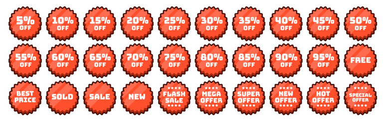 Set of orange starburst sale tags, cartoon sale stickers, red price label, discount sticker pack, discount label bundle, promo badge collection. Price sticker icons