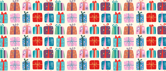 Festive seamless pattern of colorful gift boxes with ribbons. Great background for Christmas, birthday, holiday and special occasion.