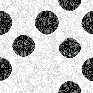 Abstract black and white geometric pattern with circles and intricate line art design element, seamless pattern, royalty free stock.