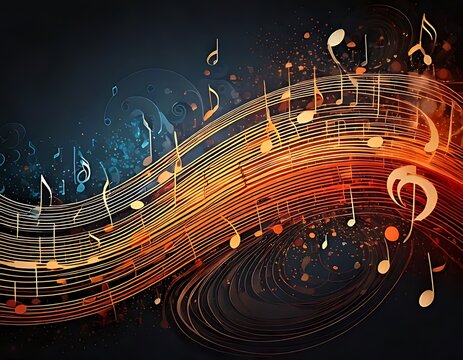 Abstract musical notes swirling in fiery orange and gold