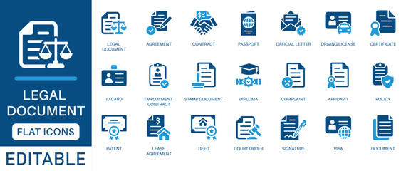 Legal document icon set. featuring contract, agreement, passport, ID card, certificate, license, patent, testament and more. perfect flat icon collection.