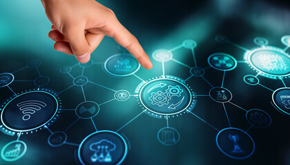 Gears concept on virtual screen. Automation Business and industrial process optimisation