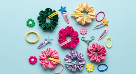 Colorful collection of scrunchies and hair accessories arranged on a light blue background