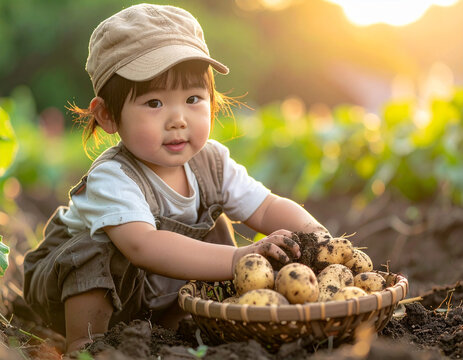じゃがいも掘りをする子ども-Digging potatoes / baby / kids / Generated image-