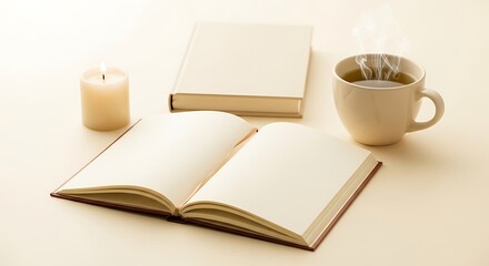 Cozy reading scene with open book candle and coffee mug