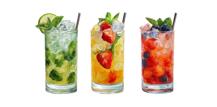  3 types of mojitos, with a white background and white space on the left and right side of each glass, realistic photography, stock photo.