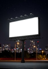 Blank Billboard at Night, City Skyline Background