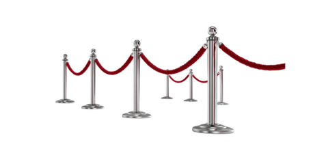 stanchions lined with red rope on a white background, vector illustration, no people or faces. a row of silver stainless steel stanchions stands in front of and behind each other, all connected by the