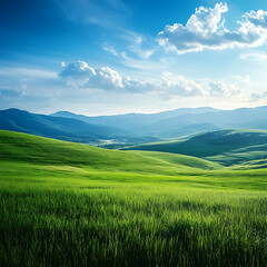 Fototapeta premium Serene countryside valley with trees and wildflower field high resolution picture