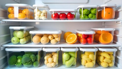 Food in plastic containers on a shelf , fruits and vegetables , organized , colorful , clean , healthy food , in a fridge