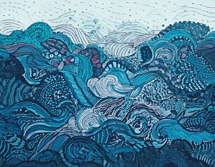 Abstract, swirling, blue landscape