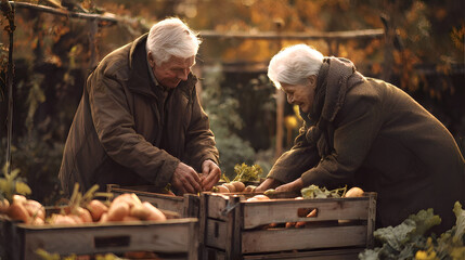 an elderly couple picking vegetables in the backyard, autumn tones, wooden boxes with pumpkins and carrots, warm clothes, loving teamwork, vegetable garden, harvest. Home economics, farm